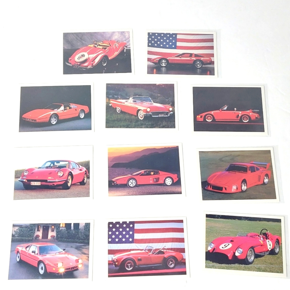 11 Amazing Sports Cars Collector's Cards All Red - Ferrari, Porsche, Chevrolet..